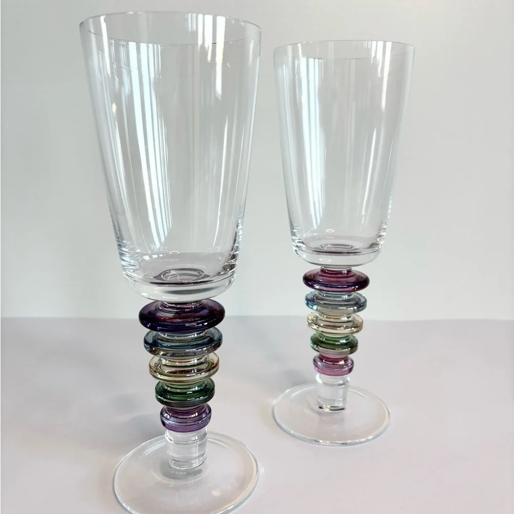 Vintage Pair Block Crystal Carnival Wine / Water Goblet Glasses